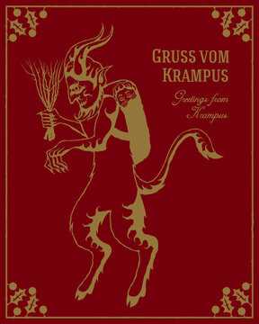 Vintage style vector illustration of Krampus carrying a child in a basket