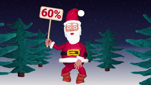 Seamless looping animation of a plasticine Santa Claus with a 60 percent sign walking through a winter landscape including green screen and luma matte 