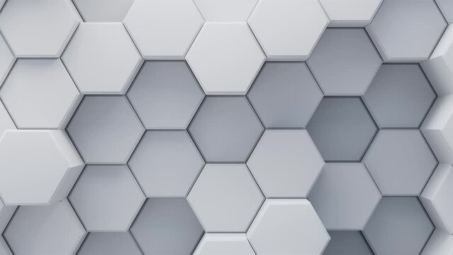 Motion graphics 3d animation loop. Background corporate business presentation style texture of hexagon block motion up and down in white and gray tones. Clean geometry render bg. Futuristic art design