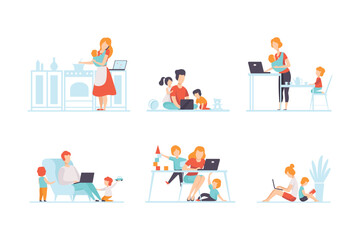 Man and Woman Parent Working from Home and Nursing Children Combining Job and Family Duty Vector Set