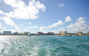 Azure blue waters of Aruba coastline, Caribbean sea 2022. 