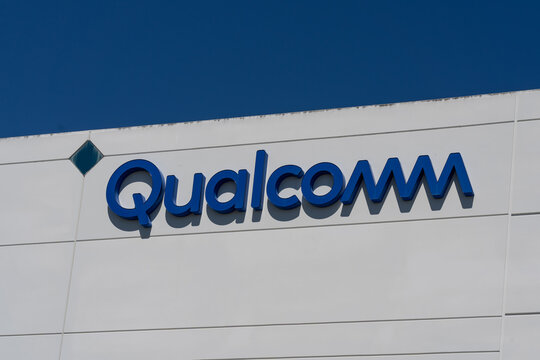 San Diego, California, USA - July 9, 2022: Close up of Qualcomm company sign on the building in San Diego, California, USA. Qualcomm is an American multinational corporation. 