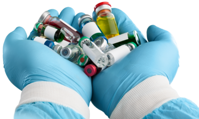 Hand of a Researcher holding Coronavirus COVID-19 Vaccines.