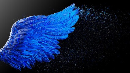 Metallic blue wing with blue particles under black-white lighting background. Concept image of free activity, decision without regret and strategic action. 3D CG. 3D illustration.