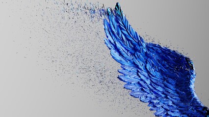 Metallic blue wing with blue particles under black-white lighting background. Concept image of free activity, decision without regret and strategic action. 3D CG. 3D illustration.