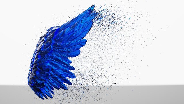 Metallic blue wing with blue particles under black-white lighting background. Concept image of free activity, decision without regret and strategic action. 3D CG. 3D illustration.
