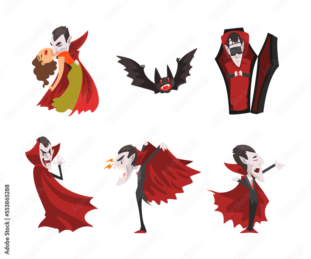 Poster count dracula as scary vampire character wearing red cape vector set