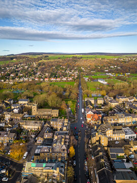 Ilkley, West Yorkshire. 7th December, 2022. Aerial view of Ilkley town centre viewed from above Brook Street.