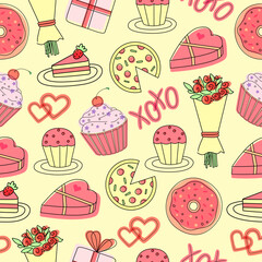 Valentine's Day pattern. Doodles. Design with sweets, flowers, and hearts for February 14, birthday, wedding, and engagement.	