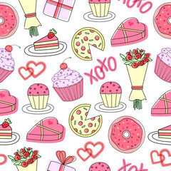 Sweet seamless repeat romantic pattern. Valentine's Day pattern. Doodles. Design with sweets, flowers, and hearts for February 14, birthday, wedding, and engagement.