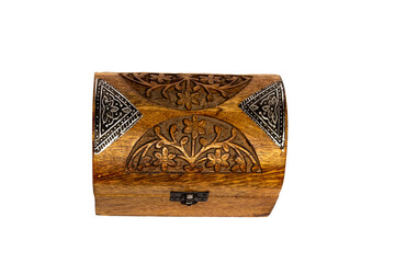 antique walnut colored wooden box on white background and flower carvings on the sides of the box closed with horizontal photo ornament with space for text.