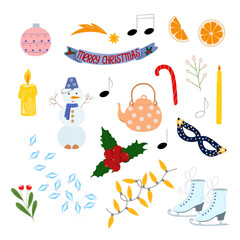 Christmas elements set holly plant, skate, snowman, candle, orange, star, garland, decoration hand drawn in simple cartoon style for winter holidays greeting card, invitation, banner, decor, stickers