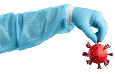 Doctor hand in sterile gloves with corona virus molecule