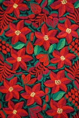 Fondo de bordado de flores de noche buena, rojo y verde, decoraciones de navidad