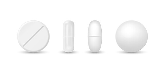 Vector 3d Realistic White Pharmaceutical Medical Pill, Capsule, Tablet Icon Set Isolated on White Background. Front View. Medical Concept