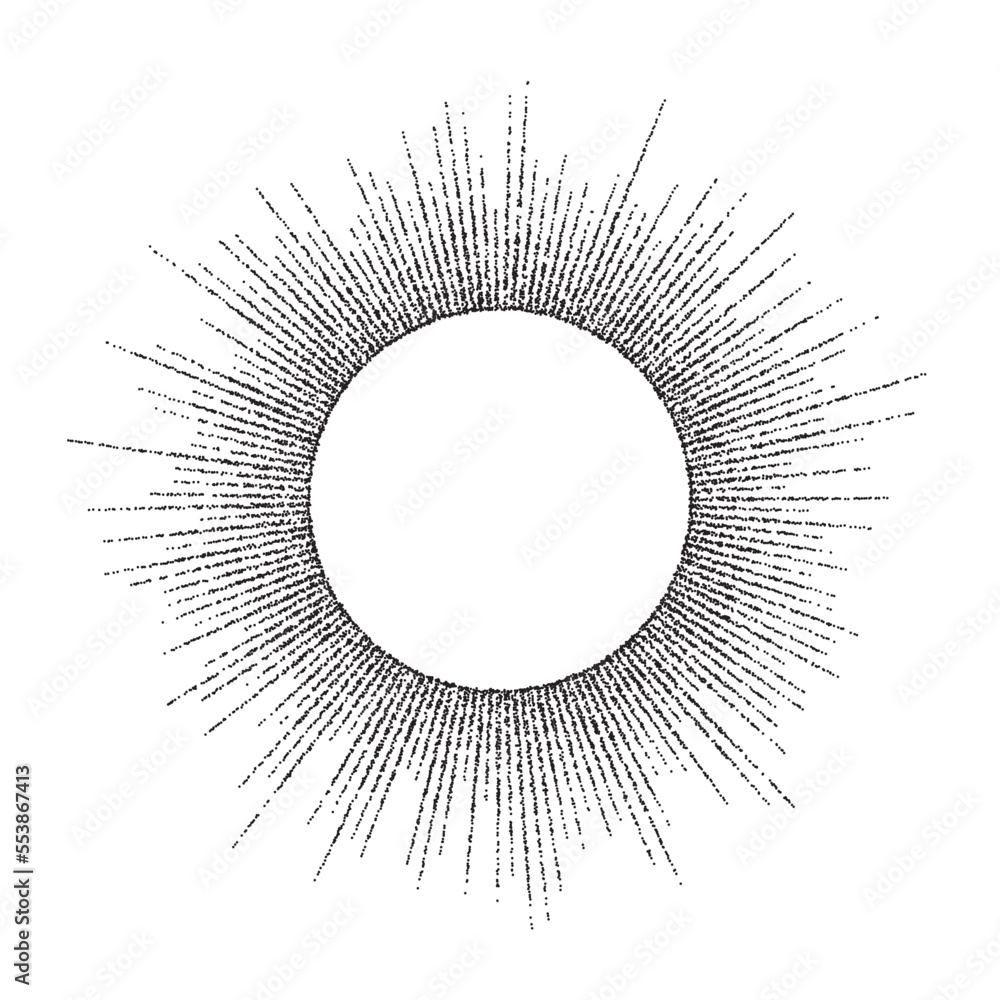 Poster dotted sunbeam round frame. black grainy sunburst text template. textured stipple rays separator and