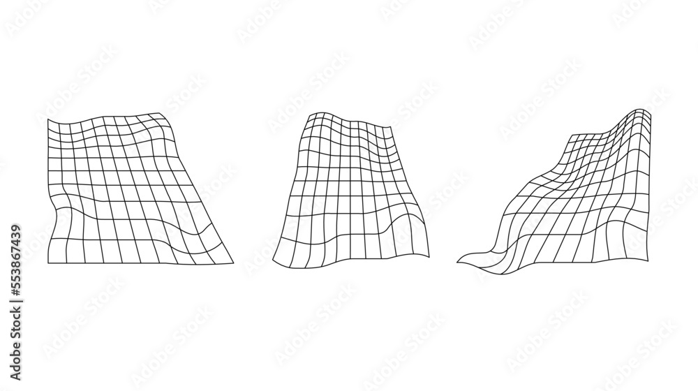 Poster distorted perspective grid set. glitch rectangle plane collection. retro wavy futuristic elements. r