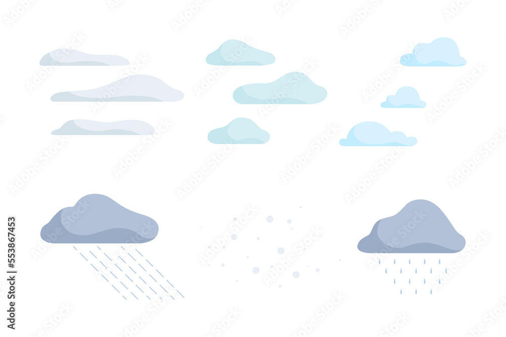 Poster fluffy shaped clouds scudding across sky, snow and rain as landscape constructor element vector set