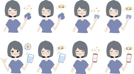 【お金イラスト/お財布、カード、電卓、スマホを持っている女の子】表情とポーズのバリエーションセット