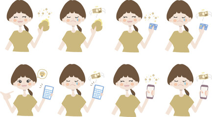 【お金イラスト/お財布、カード、電卓、スマホを持っている女の子】表情とポーズのバリエーションセット