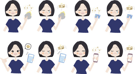 【お金イラスト/お財布、カード、電卓、スマホを持っている女の子】表情とポーズのバリエーションセット