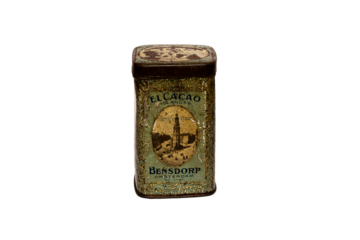 close-up of very old cocoa tin or metal box on transparent or white background rusty box with dirty white and green colors photo in horizontal position