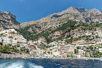 Summer panorama of Positano along the Amalfi coast, seen from the sea in front of the town