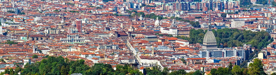 Fototapeta na wymiar Aerial panorama of the historic center of Turin (Piedmont, Italy) seen from Colle della Maddalena