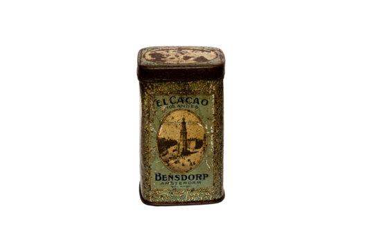close-up of very old cocoa tin or metal box on transparent or white background rusty box with dirty white and green colors photo in horizontal position
