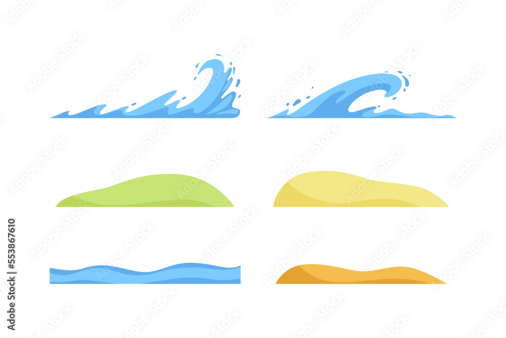 Poster simple splashing wave, green bush and beach sand as landscape and environment element vector set