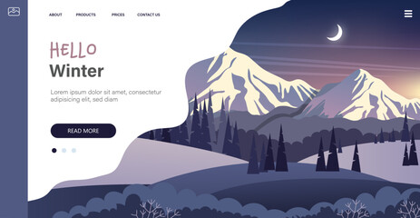 Winter landscape at night with mountains, moon and trees. Hello winter greeting card. Merry Christmas greeting card template. Vector illustration in flat style. Website template