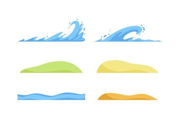Simple Splashing Wave, Green Bush and Beach Sand as Landscape and Environment Element Vector Set
