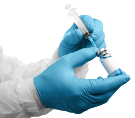 Coronavirus vaccine concept. Medical hand with vaccine and syringe