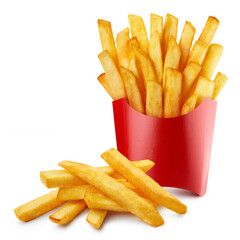 Delicious potato fries, isolated on white background