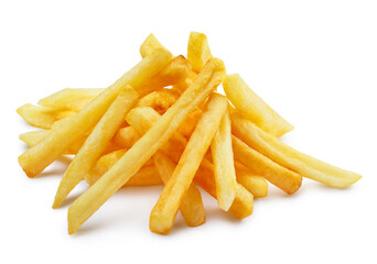 Delicious potato fries, isolated on white background