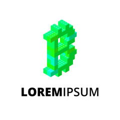 Logo with green bitcoin emblem in isometric. Vector illustration