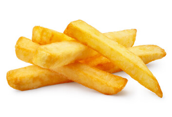 Delicious potato fries, isolated on white background