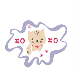 Framed cute kitty with hand drawn lettering XOXO. Doodle kawaii style illustration.