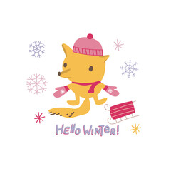 Cute fox with hand drawn lettering Hello winter. Doodle kawaii style illustration.