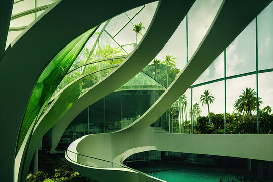 Futuristic Organic Architecture Render, Glass And Plants, Generative AI