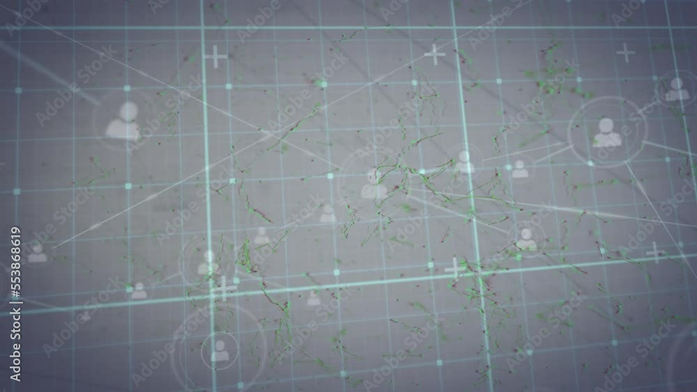 Poster animation of network of connections and profile icons over grid network against grey background