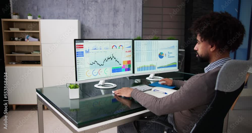Poster african data analyst man using spreadsheet