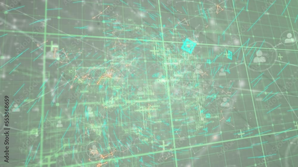 Poster animation of digital wave and network of profile icons over grid network on grey background