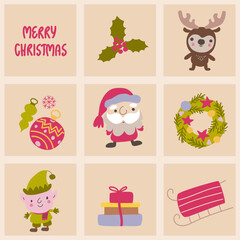 Set of square cards with hand drawn lettering and cute Christmas themed elements.