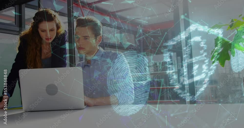 Poster animation of security padlock icon and plexus networks over caucasian man and woman using laptop