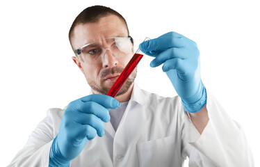 Scientist man with liquid in researcher test tube