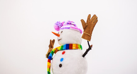 Merry christmas and happy new year greeting card. Smiling snowman waving hands. Winter fairytale.