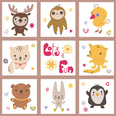 Collection of square cards with cute animals and hand drawn lettering Lots of fun.