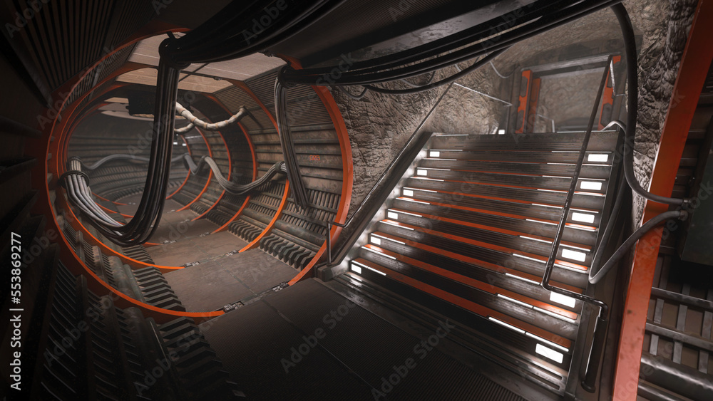 Poster futuristic sci-fi cyberpunk underground tunnel with steps leading to an exit. 3d illustration.