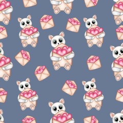 Seamless pattern with kitten and envelope. Watercolor baby kitten and love letter illustration isolated on pastel blue background.